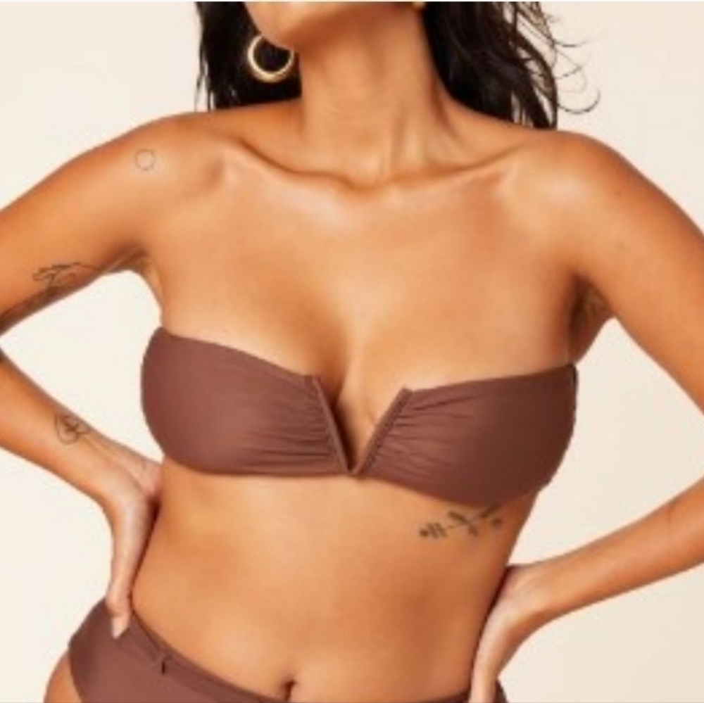 Andie Swim Espresso Brown Bandeau‎ Padded Scala bikini top size L NWT